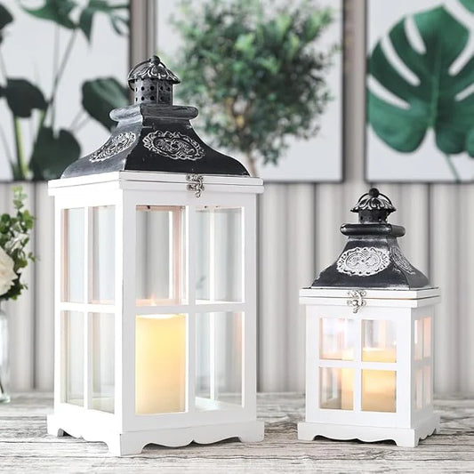 White Wood Decorative Lanterns (2pc)